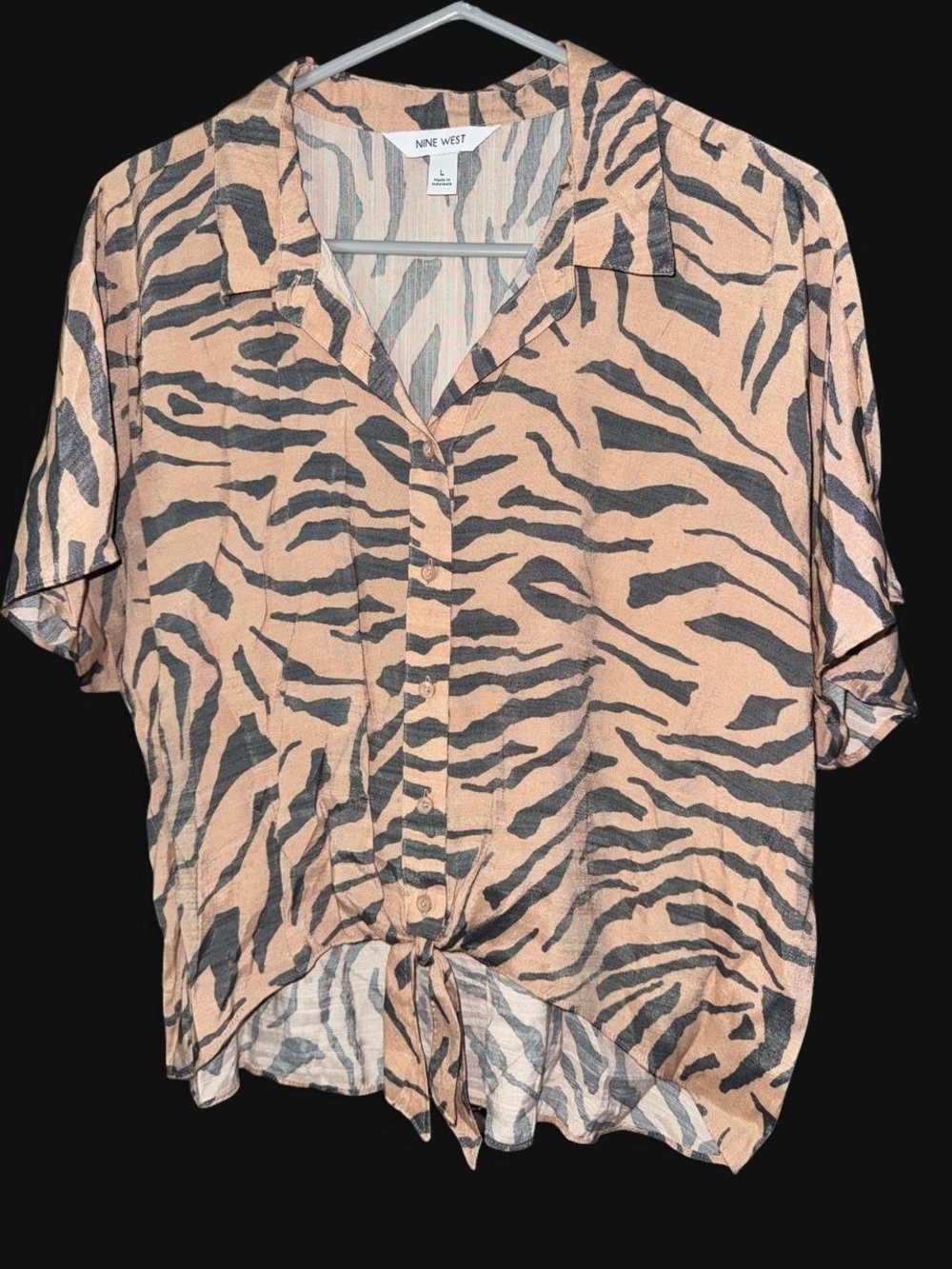 Nine West Women’s Tiger Print Button-Front Blouse – Size L